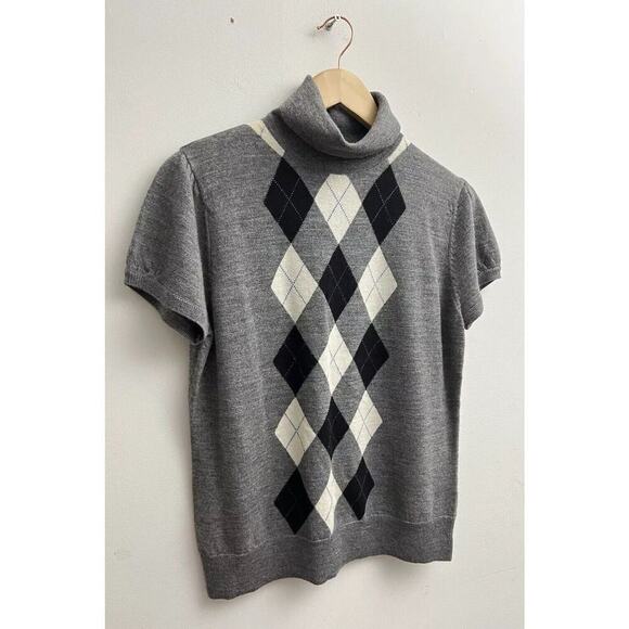 Tweeds Women’s Sz L Gray Blk Argyle 100% Merino Wool Turtleneck Sweater Academia - Picture 2 of 7